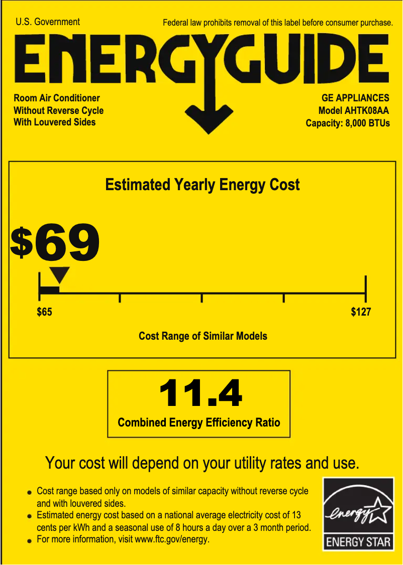 Page 1 de la notice Label énergétique GE AHTK08AA