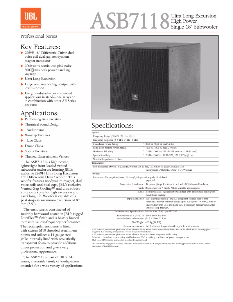Page 1 de la notice Fiche technique JBL ASB7118