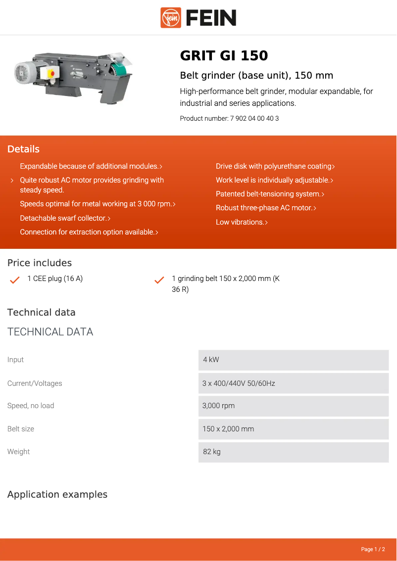 Page 1 de la notice Fiche technique Fein GRIT GI 150