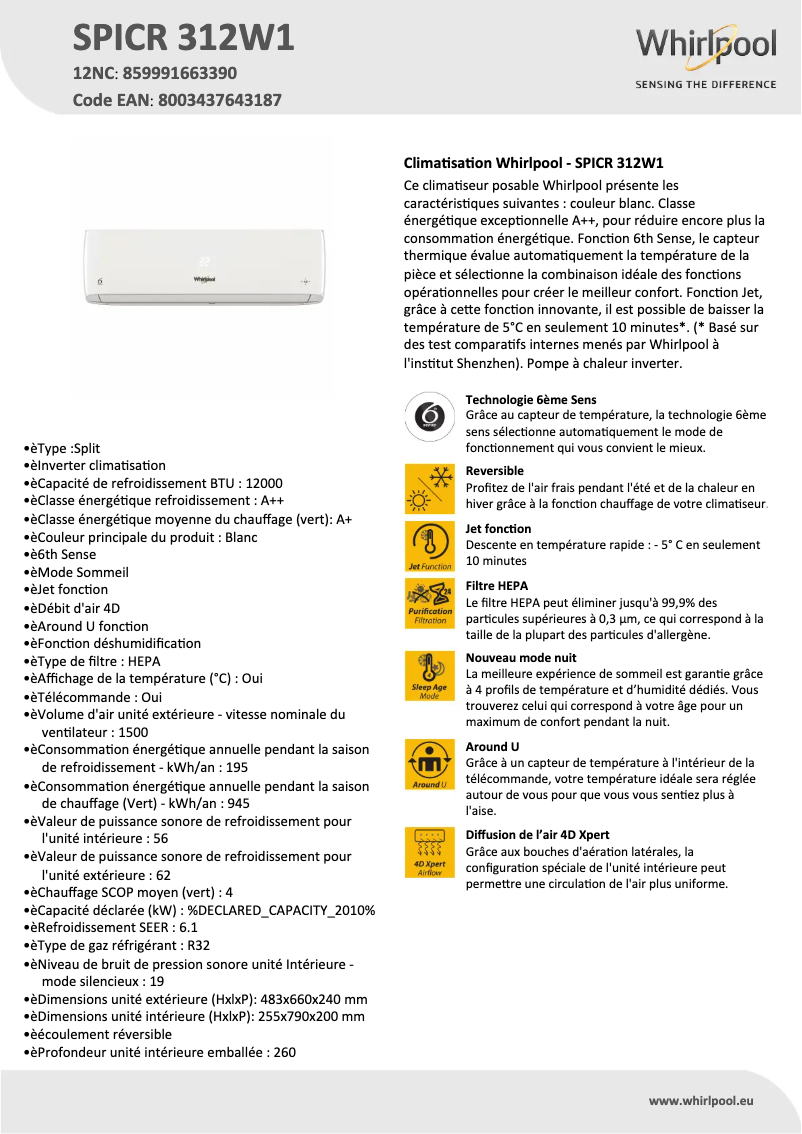 Page 1 de la notice Fiche technique Whirlpool SPICR 312W1