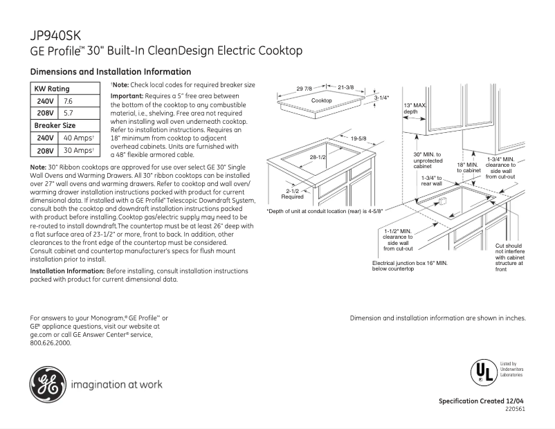 Page n°1 - Fiche technique GE Profile JP940SKSS