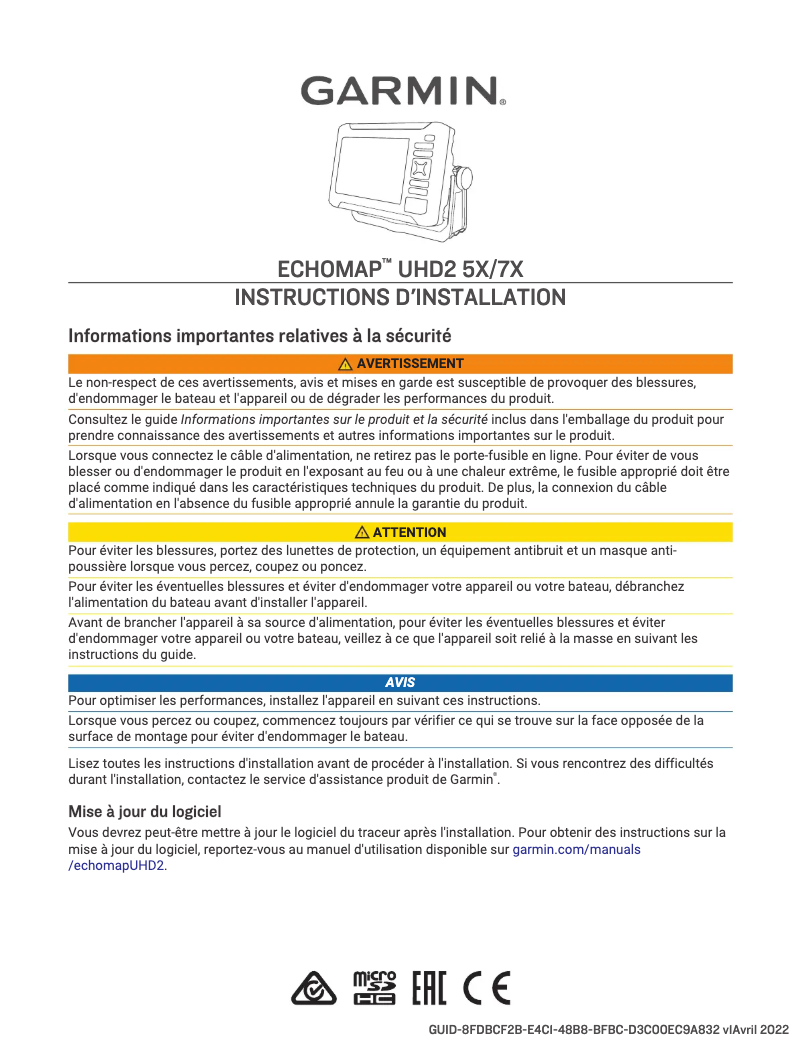 Page 1 de la notice Guide d'installation Garmin ECHOMAP UHD2 7X