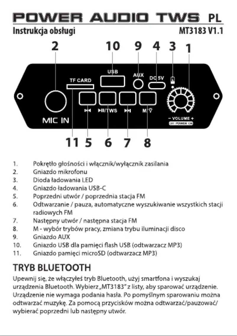 Image de la première page du manuel de l'appareil POWER AUDIO TWS MT3183
