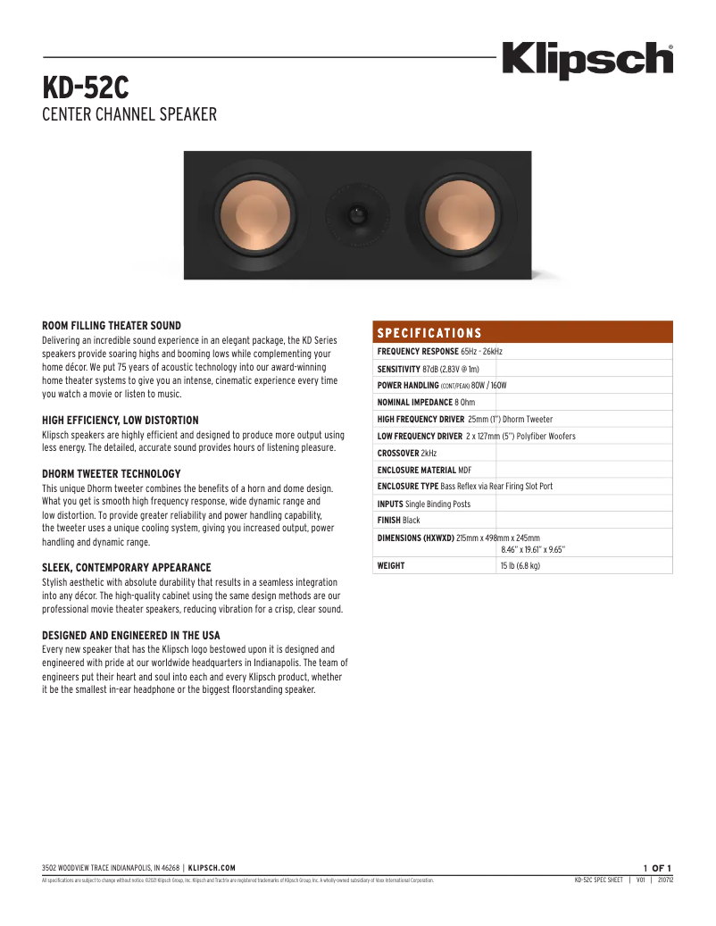 Page 1 de la notice Fiche technique Klipsch KD-52C