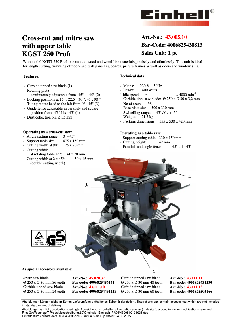 Page n°1 - Fiche technique Einhell KGST 250 Profi