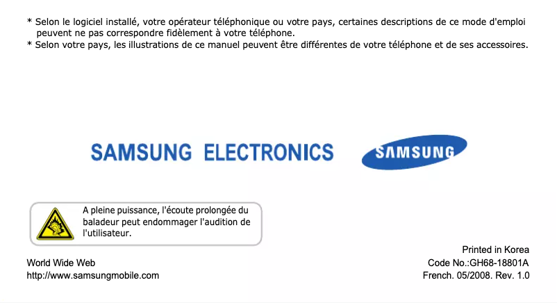 Page 1 de la notice Manuel utilisateur Samsung SGH-D780M