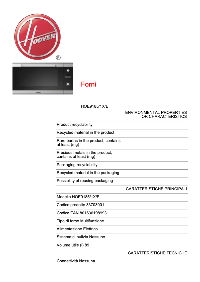 Page 1 de la notice Fiche technique Hoover HOE9185/1X/E