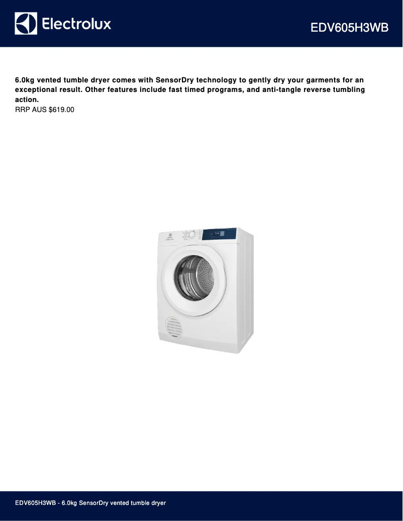 Page 1 de la notice Fiche technique Electrolux EDV605H3WB