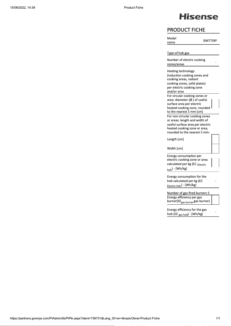 Page 1 de la notice Fiche technique Hisense GM773XF