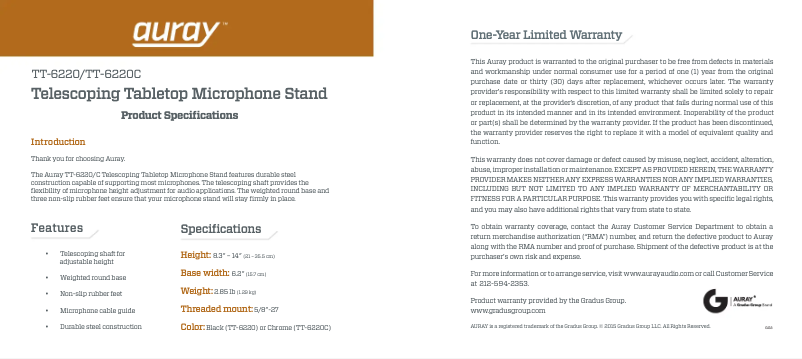 Page 1 de la notice Manuel utilisateur Auray TT-6220C