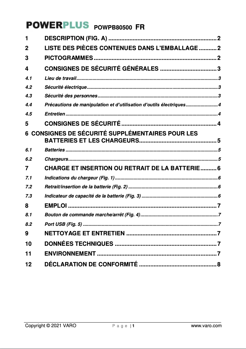 Page 1 de la notice Manuel utilisateur PowerPlus POWPB80500