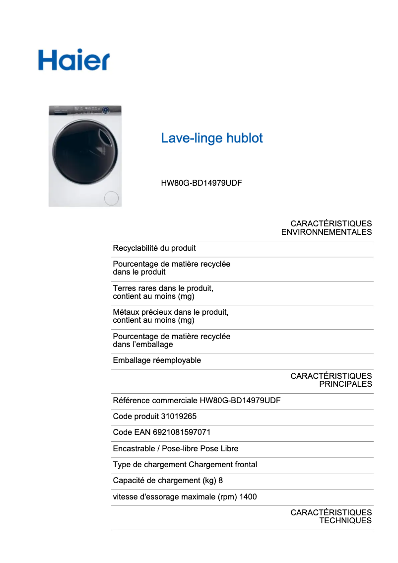 Page 1 de la notice Label énergétique Haier HW80-BD14979U1