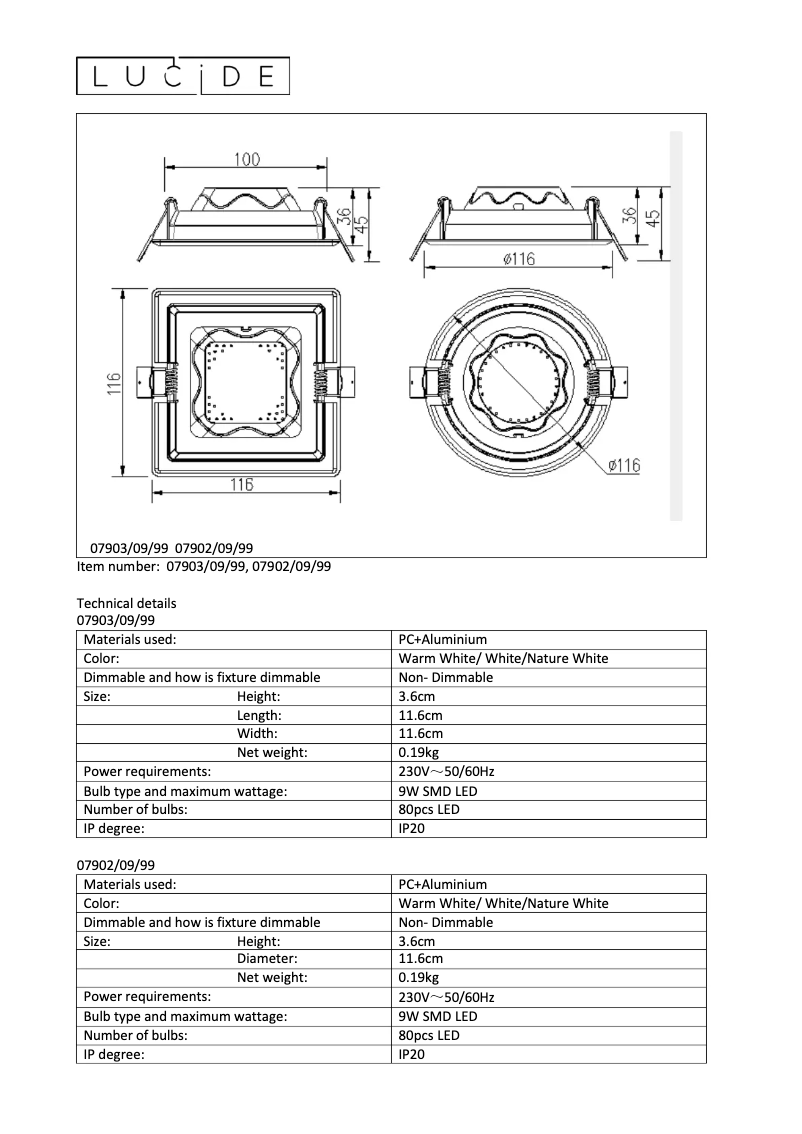 Page 1 de la notice Manuel utilisateur Lucide Tendo 07902/09/99