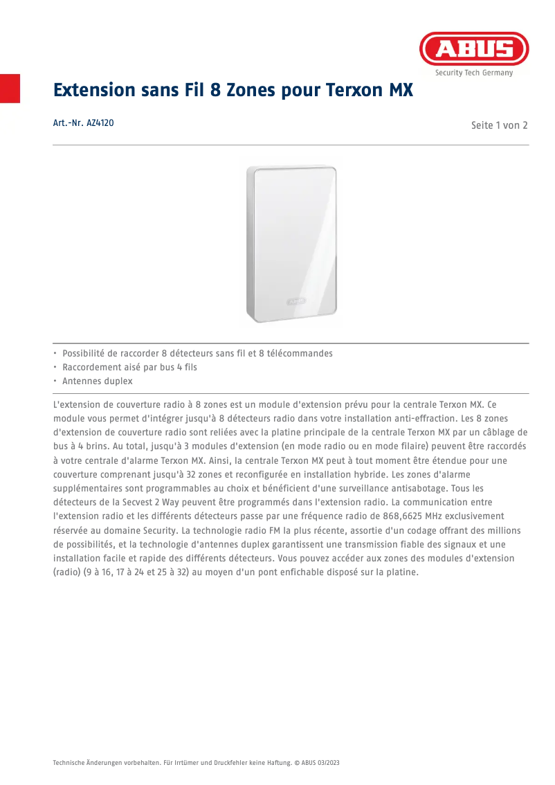 Page n°1 - Fiche technique Abus AZ4120