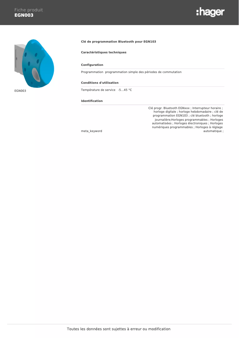 Page n°1 - Fiche technique Hager EGN003