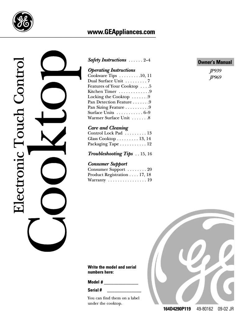 Page 1 of the manual Use and Maintenance Manual GE Profile JP939SHSS
