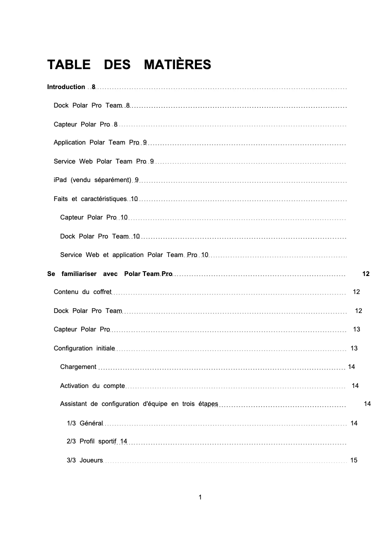 Page 1 de la notice Manuel utilisateur Polar Team Pro