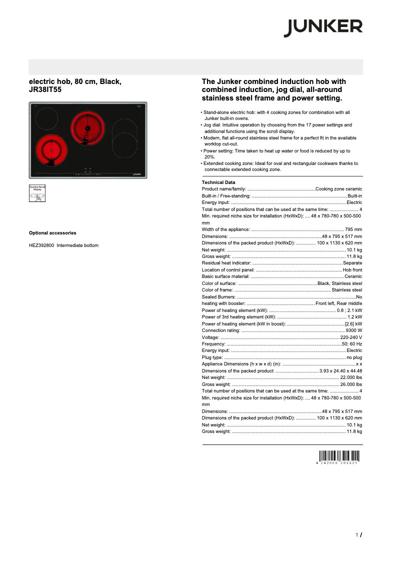 Page 1 de la notice Fiche technique Junker JR38IT55