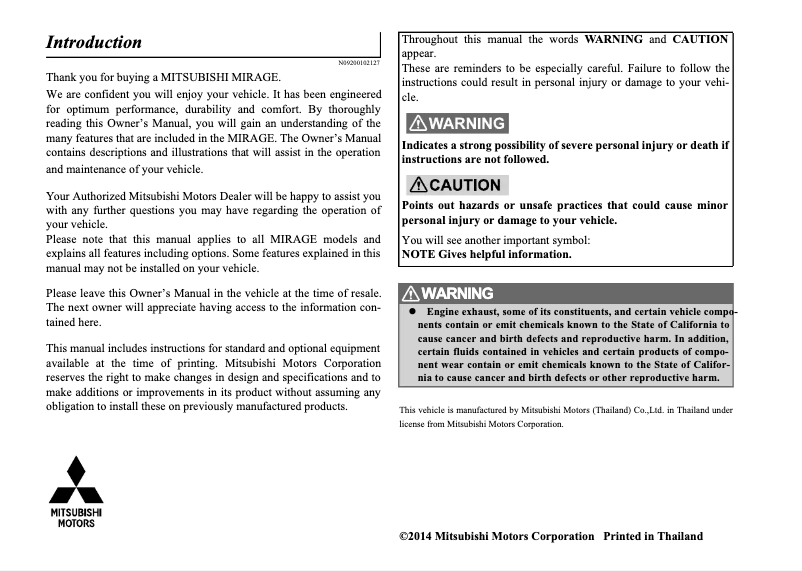 Page 1 de la notice Manuel utilisateur Mitsubishi Mirage (2015)