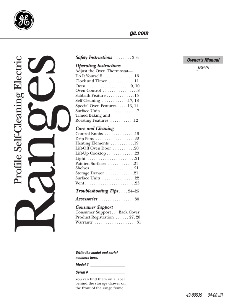 First page image of the manual for Profile JBP49CKCC