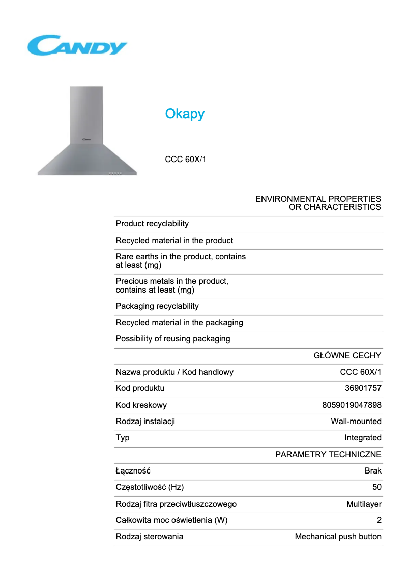 Page 1 de la notice Fiche technique Candy CCC 60X/1