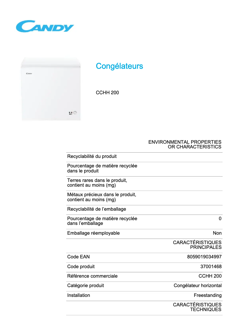 Page 1 de la notice Fiche technique Candy CCHH 200