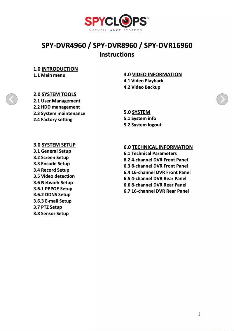 Page n°1 - Manuel utilisateur Spyclops SPY-DVR4960