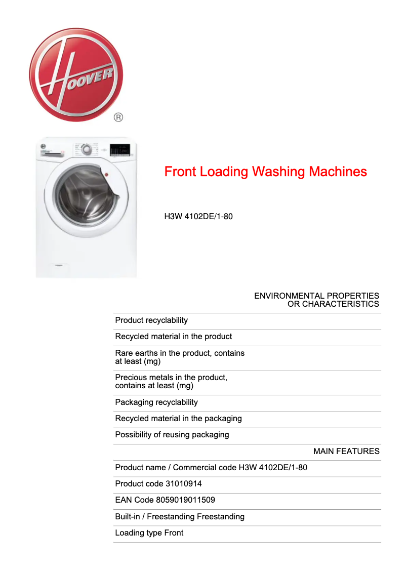 Page n°1 - Fiche technique Hoover H-WASH 300 LITE H3W 4102DE/1-80