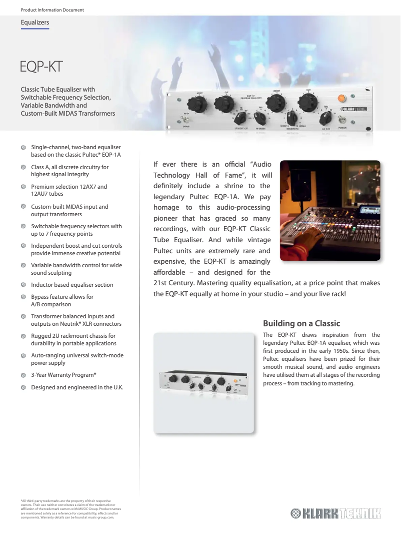 Page 1 de la notice Fiche technique Klark Teknik EQP-KT