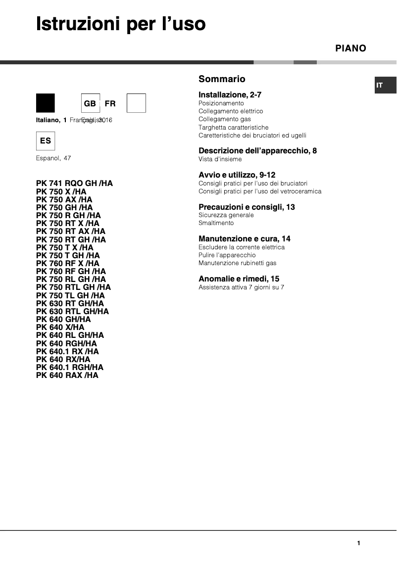 Page n°1 - Manuel utilisateur Hotpoint Ariston PK 750 RT X /HA