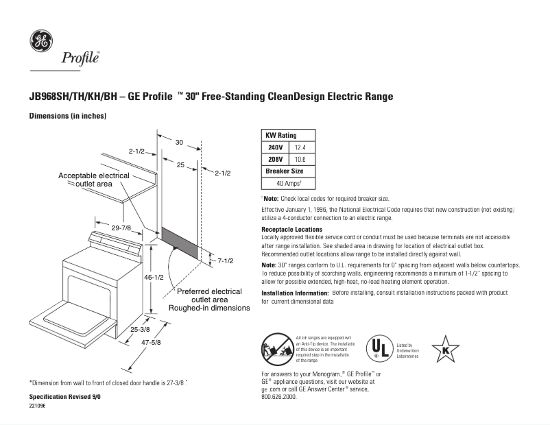 Page 1 de la notice Fiche technique GE Profile JB968SHSS