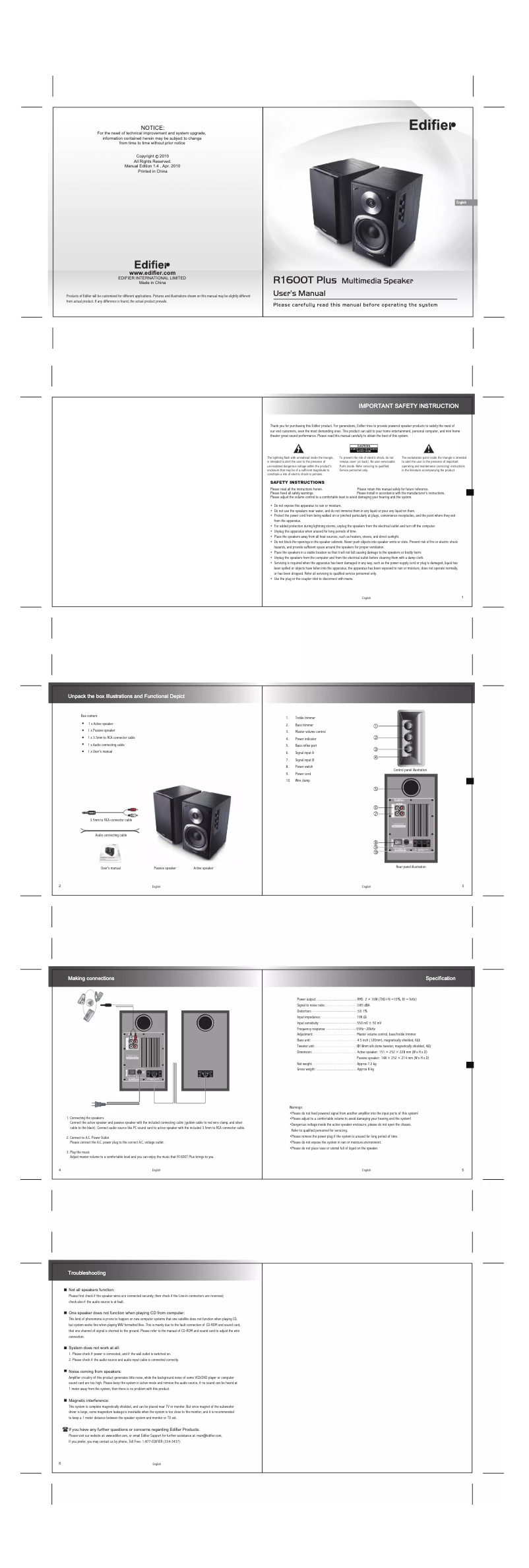 Page 1 de la notice Manuel utilisateur Edifier R1600T Plus