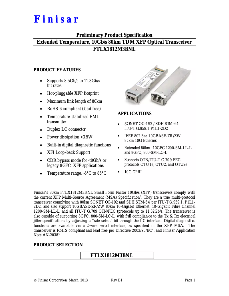 Page 1 de la notice Manuel utilisateur Finisar FTLX1812M3BNL