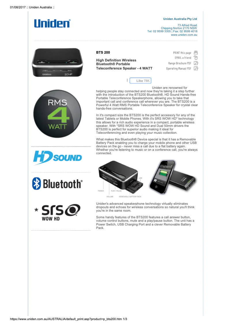 Page 1 de la notice Manuel utilisateur Uniden BTS 200