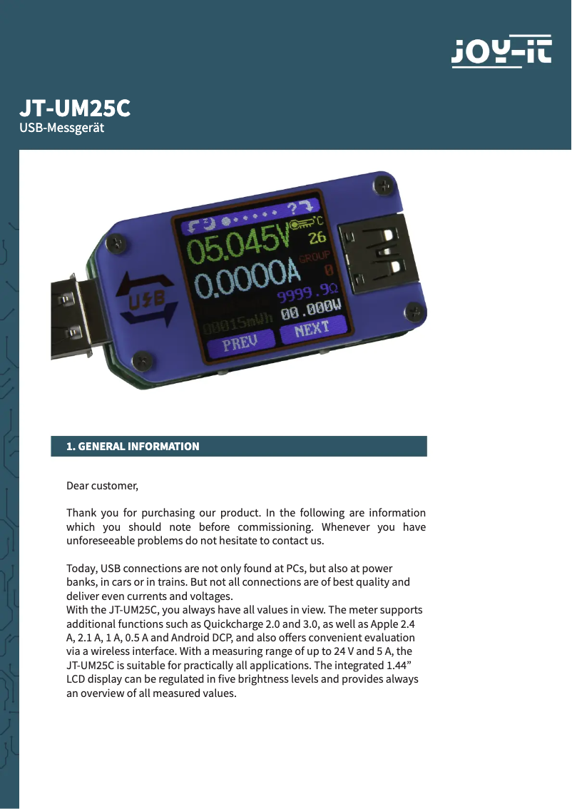 Page 1 de la notice Manuel utilisateur Joy-It JT-UM25C