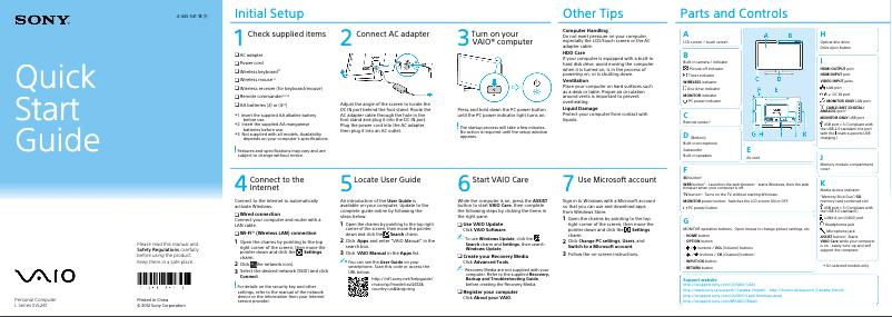 Page 1 de la notice Guide d'installation Sony Vaio SVL24127CXB