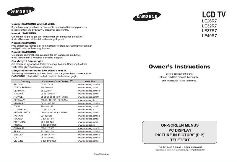 Page n°1 - Manuel utilisateur Samsung LE26R75B