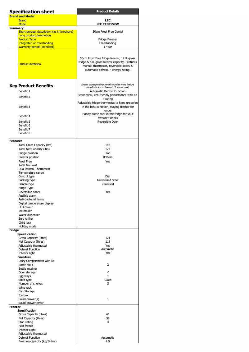Page n°1 - Fiche technique LEC TF50152