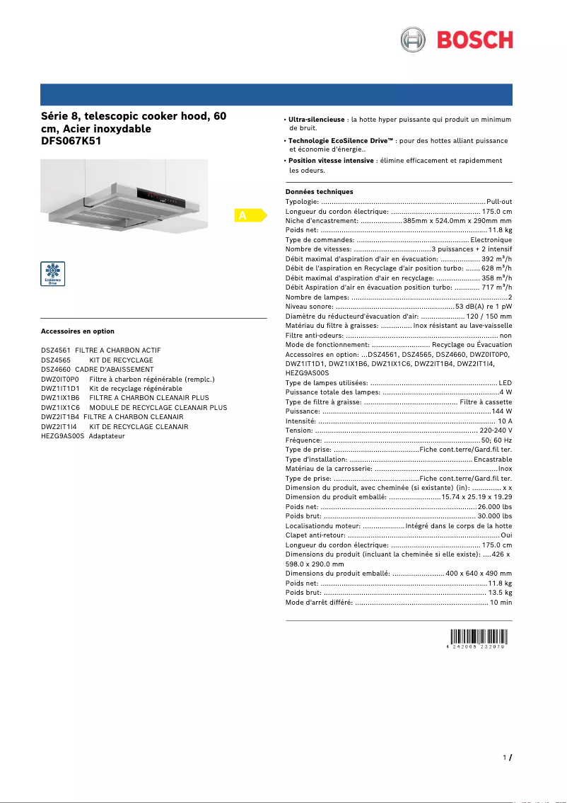 Page 1 de la notice Fiche technique Bosch DFS067K51