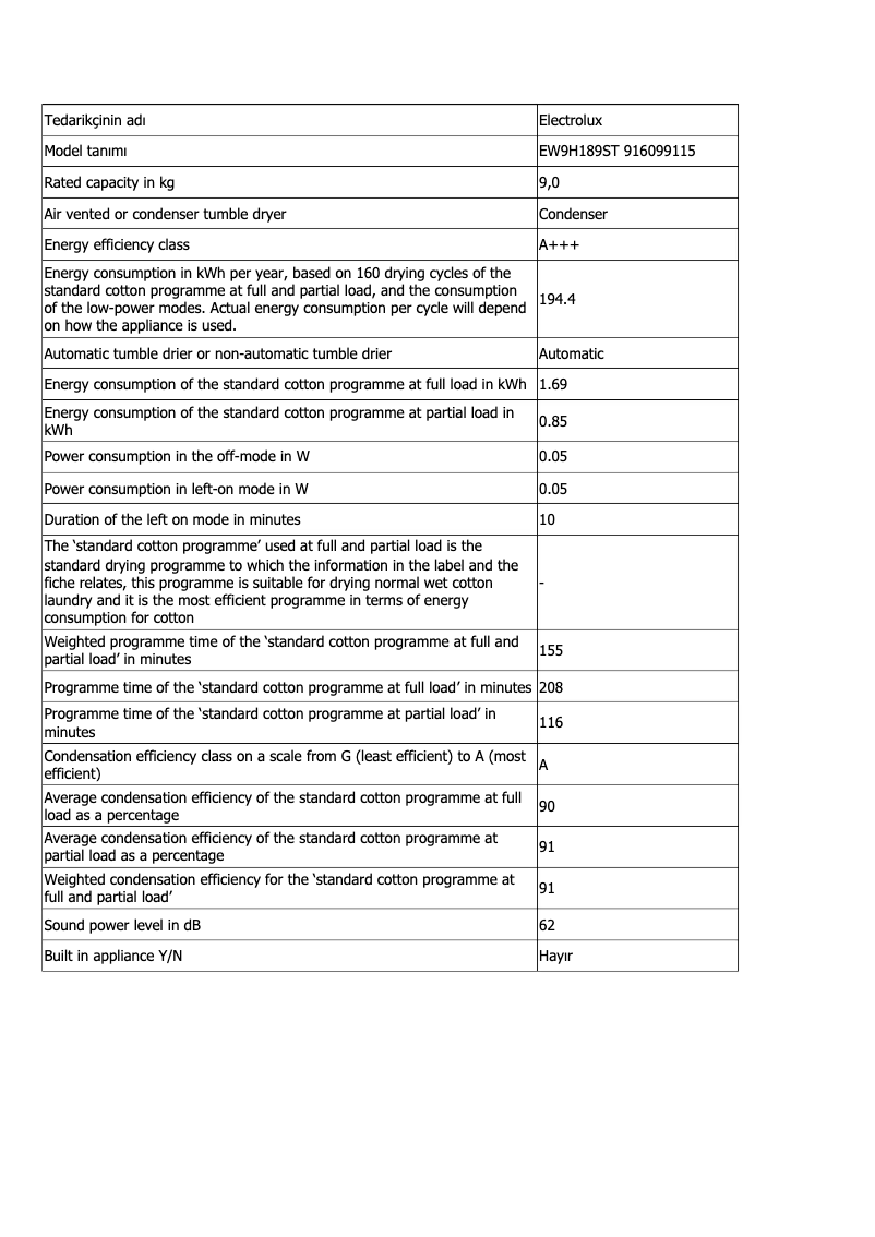 Page 1 de la notice Fiche technique Electrolux EW9H189ST