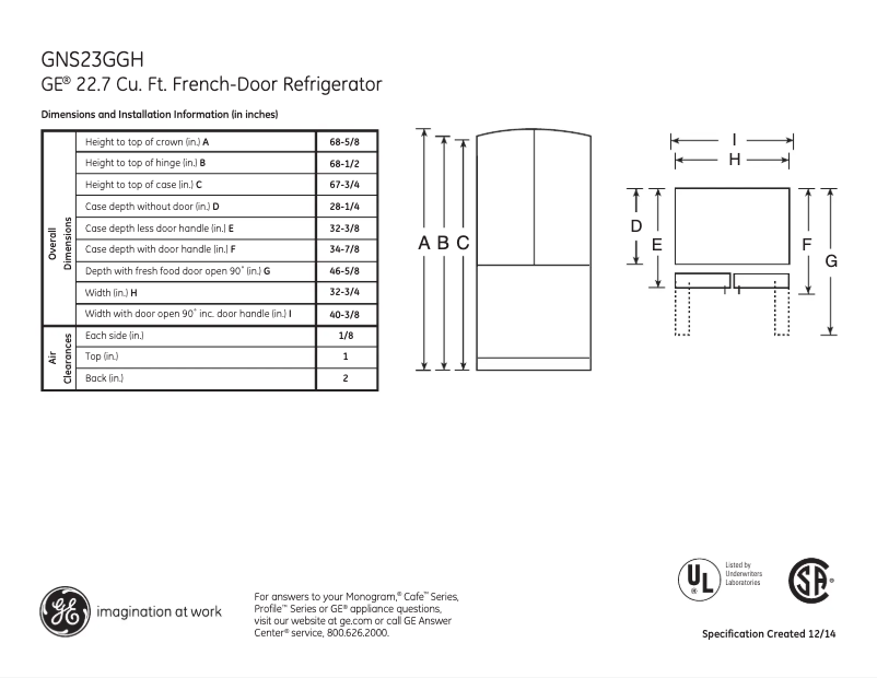 Página 1 del manual Ficha técnica GE GNS23GGHWW
