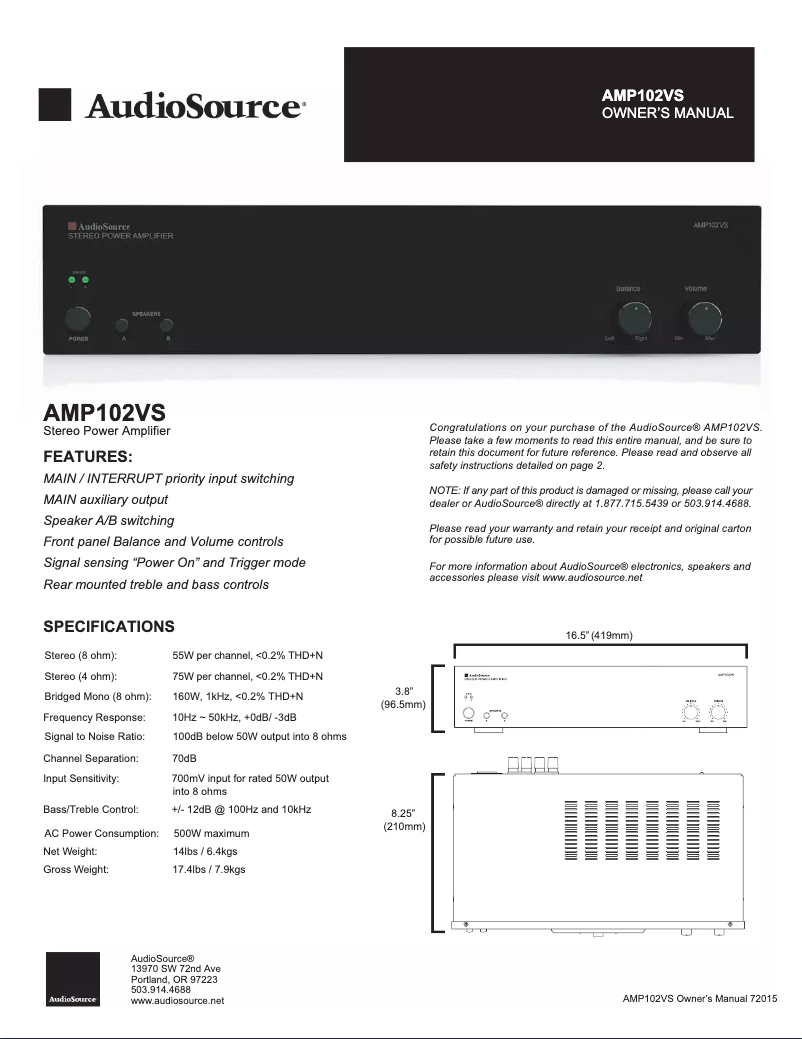 Page n°1 - Manuel utilisateur AudioSource AMP102VS