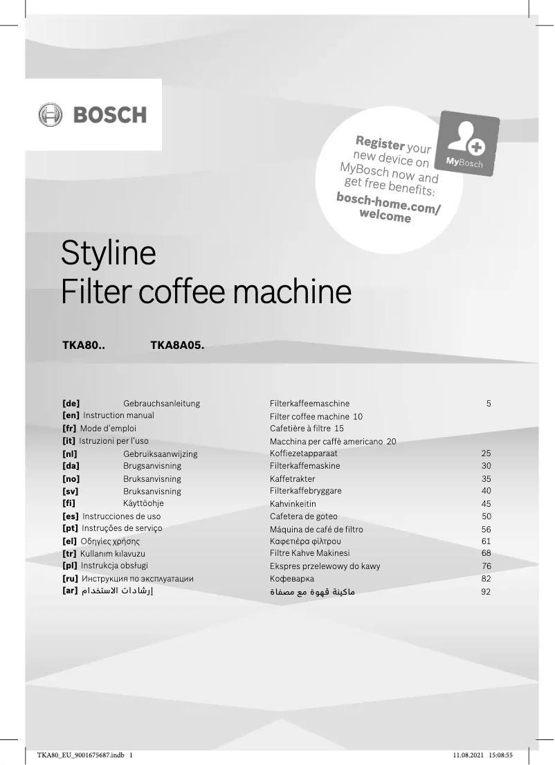 Page 1 de la notice Manuel utilisateur Bosch TKA8A054