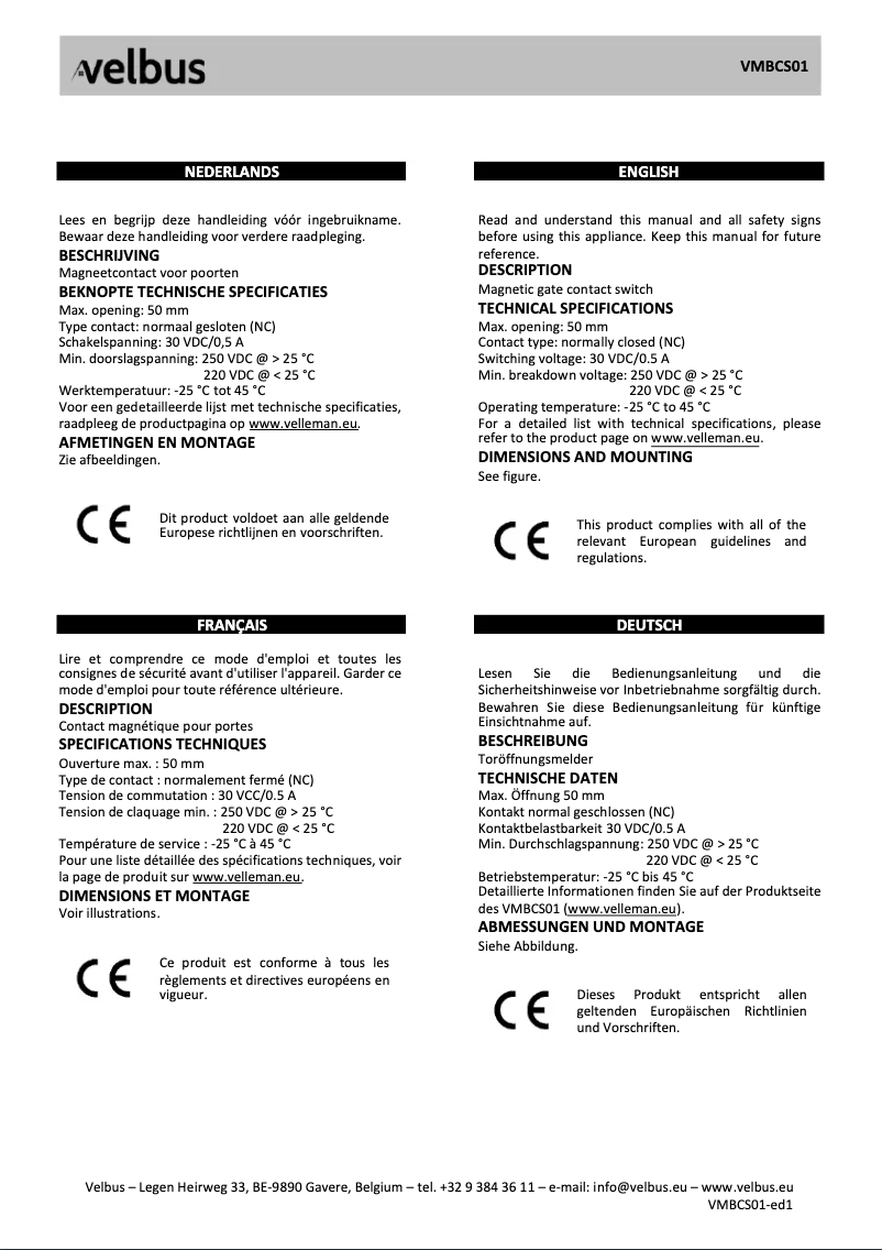 Page n°1 - Manuel utilisateur Velbus VMBCS01