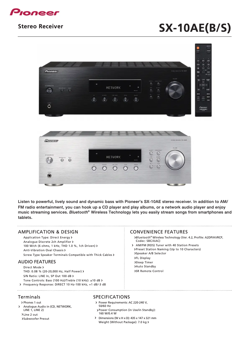 Page 1 de la notice Fiche technique Pioneer SX-10AE