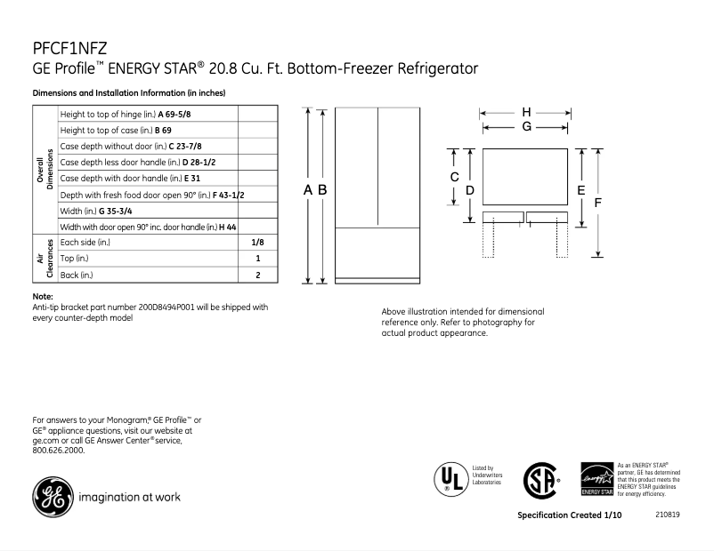 Page 1 of the manual Technical Sheet GE PFCS1NFZSS