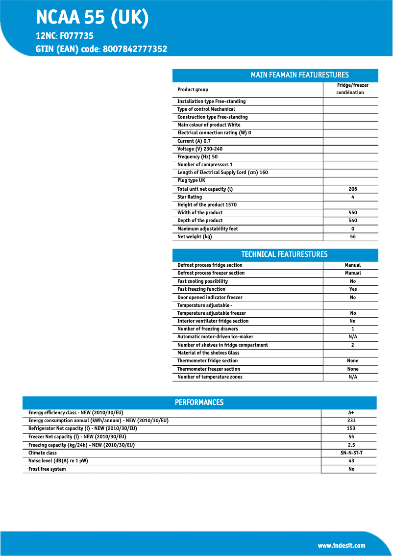 Page 1 de la notice Fiche technique Indesit NCAA 55 (UK)