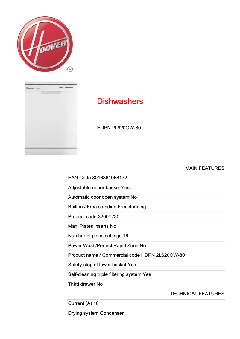 Page n°1 - Fiche technique Hoover HDPN 2L620OW-80
