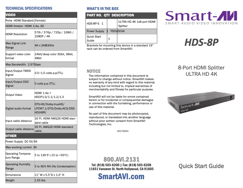 Page 1 de la notice Manuel utilisateur Smart-AVI HDS-8P
