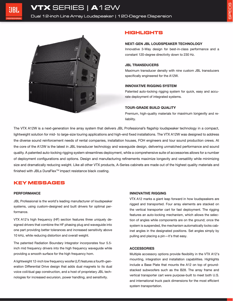 Page 1 de la notice Fiche technique JBL VTX A12W
